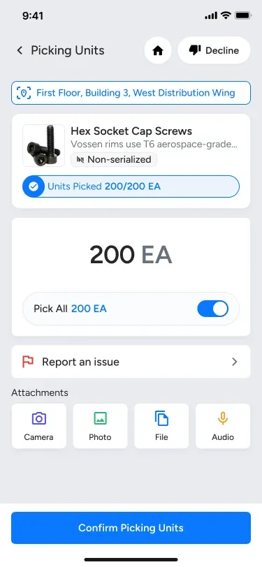 Omne mobile app: confirming picked units