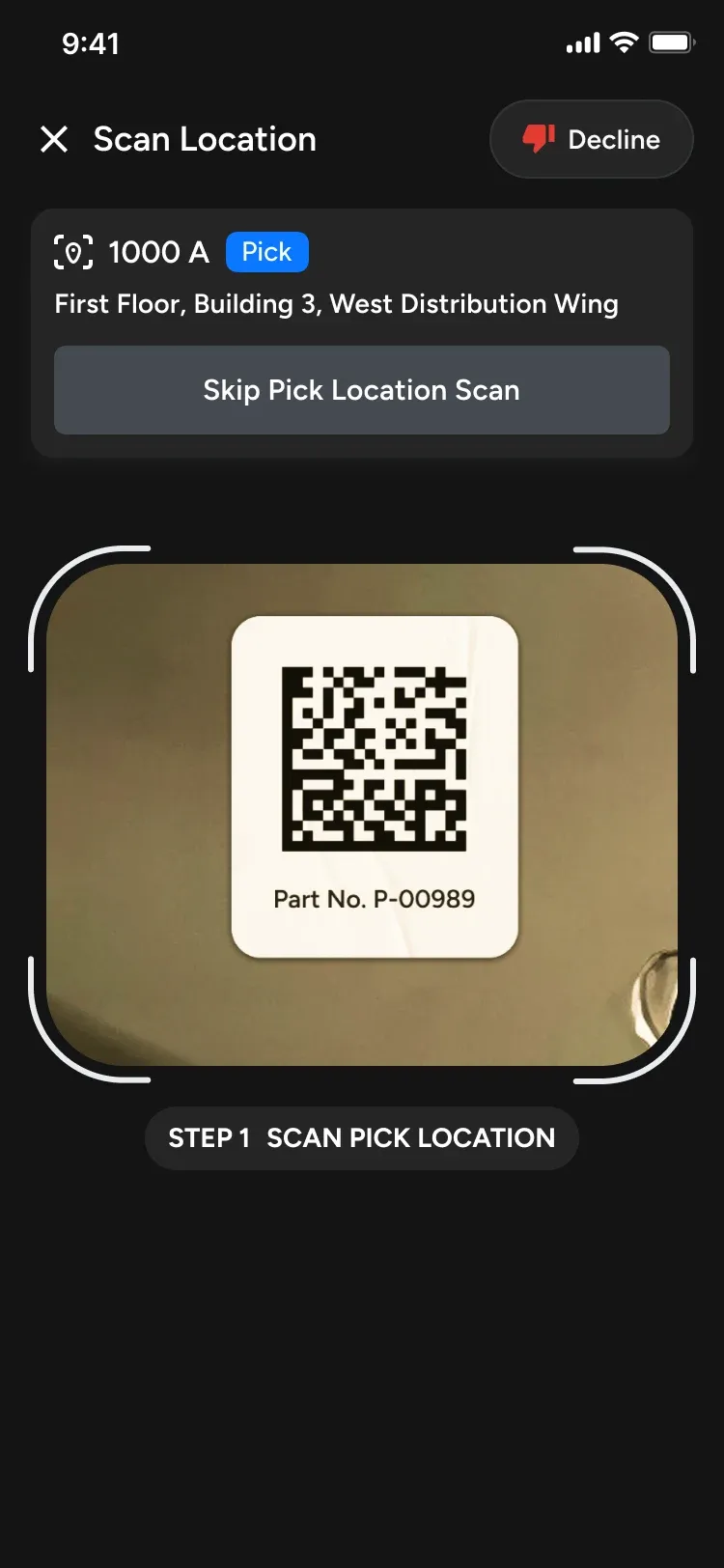Omne mobile app: scanning a pick location barcode