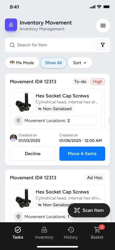 Omne mobile app: inventory movement task list